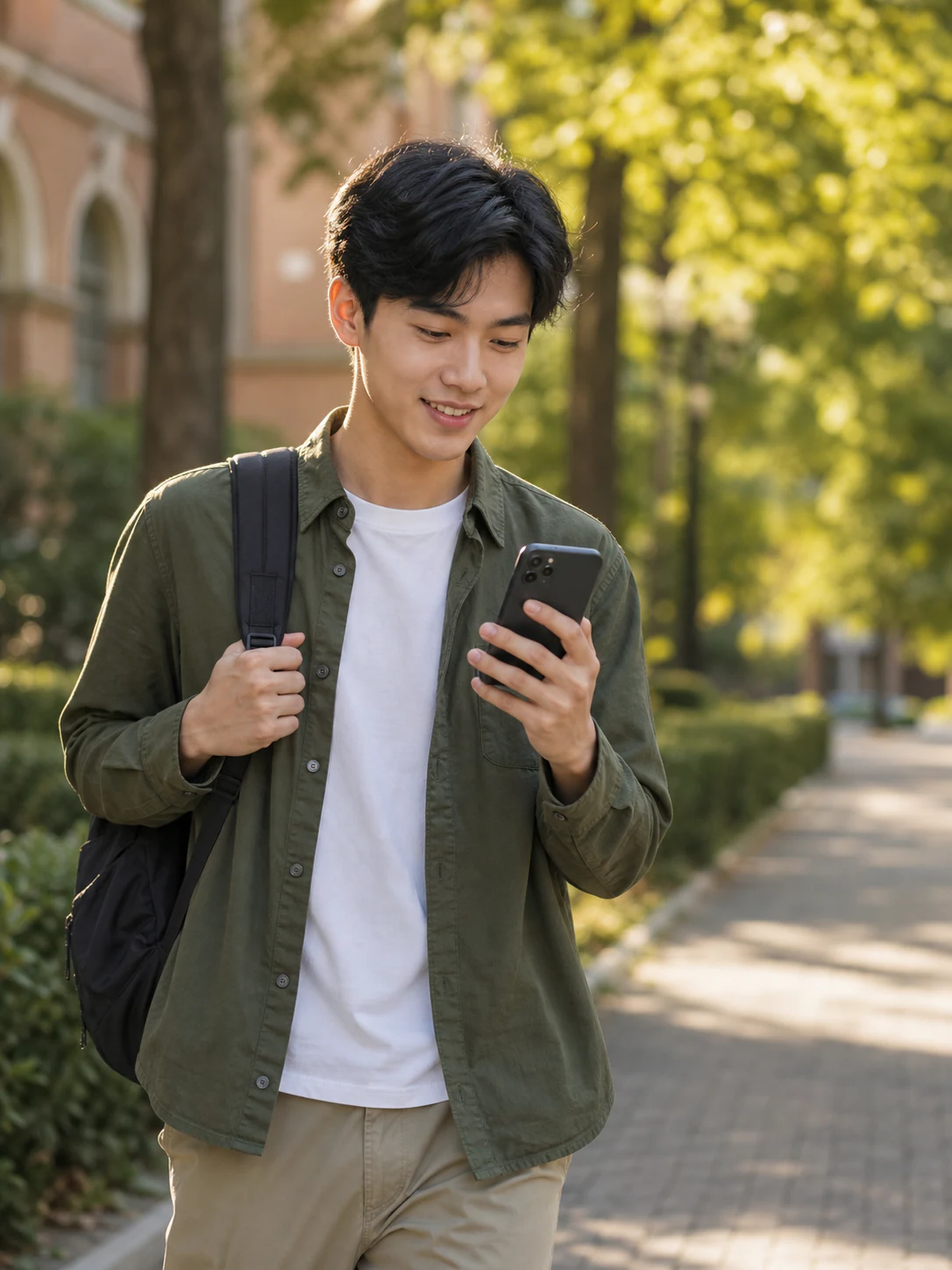 学习者在校园中用手机练习英语